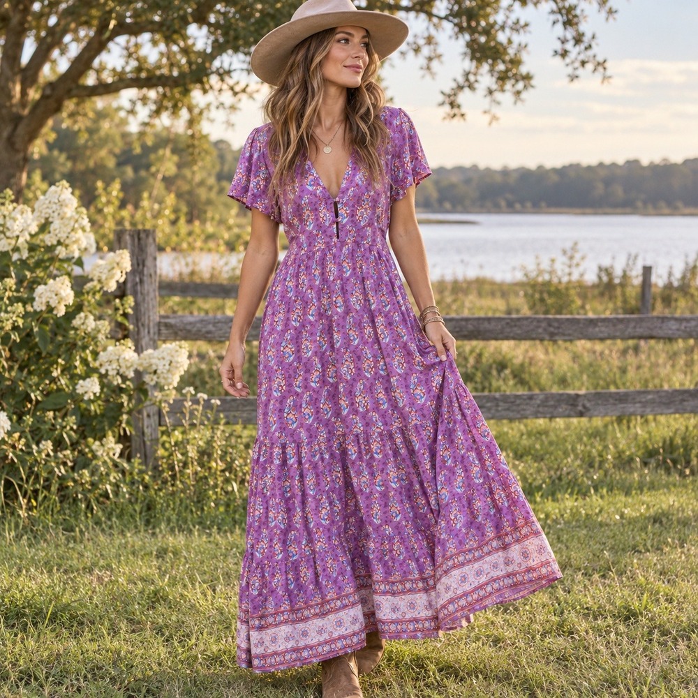 NATURAL LIFE Evangeline Maxi Dress Women's L Purple Floral Boho Prairie Hippie